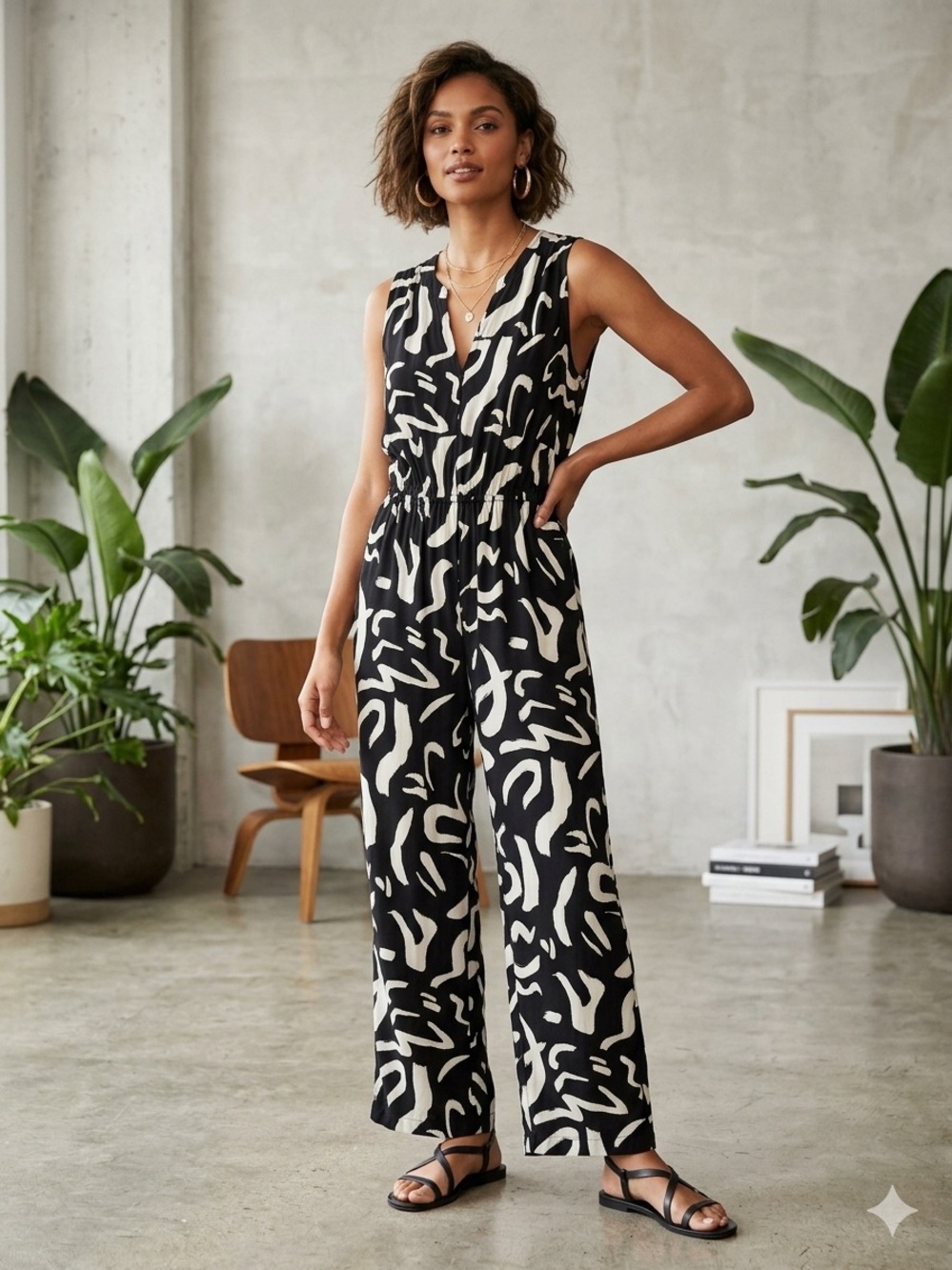 Sleeveless Black and White Abstract Print Wide-Leg Jumpsuit